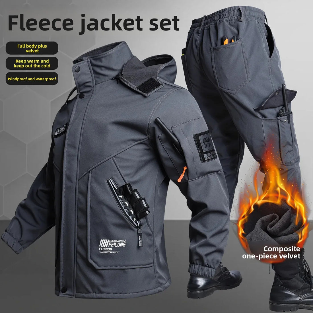 Thickened Fleece Winter Workwear Men's Jacket Pants Set Windproof Warm Waterproof Wear-resistant Construction Site Uniform
