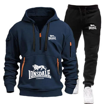 A two-piece casual, loose and warm sportswear set featuring a pullover hoodie and jogging pants for men's autumn and winter