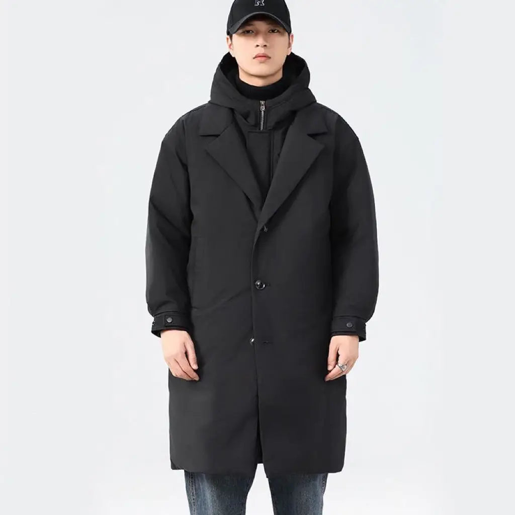 Man Windbreaker Winter Thicken Windproof Warm Hooded Men Down Coat Vintage Mid Length Long Sleeve Male Fake Two-piece Outerwear