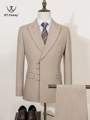 ST Cassy Elegant man suit for wedding Slim Fit Double Breasted Multiple buttons Casual Business man 2 piece outfit set