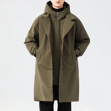 Man Windbreaker Winter Thicken Windproof Warm Hooded Men Down Coat Vintage Mid Length Long Sleeve Male Fake Two-piece Outerwear