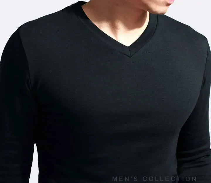 2025 Elastic Mens T-Shirt V-Neck Long Sleeve Men T Shirt For Male T-Shirts Man Clothing TShirt Brand New Solid Color Tops Tees