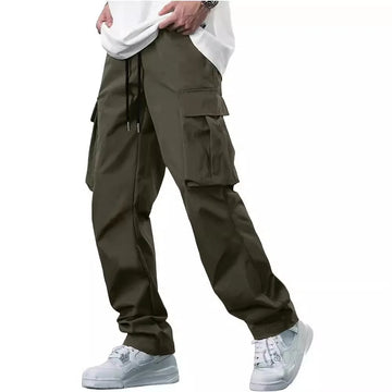 Men's Solid Color Drawstring Waist Multi Pocketed Cargo Long Pants Men Khaki Men Cargo Pants With Drawstring Jogger Cargo Pants