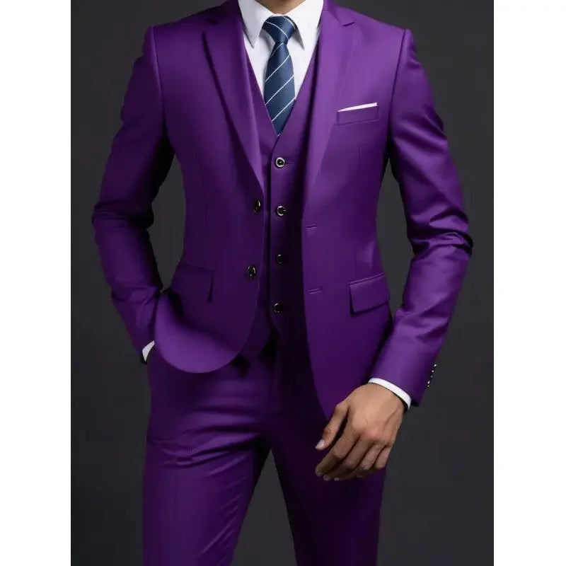 Suit (Blazer+ Vest + Trousers) Men's Fashionable Gentleman Business British Style Solid-color Banquet Host Casual Wedding Suit