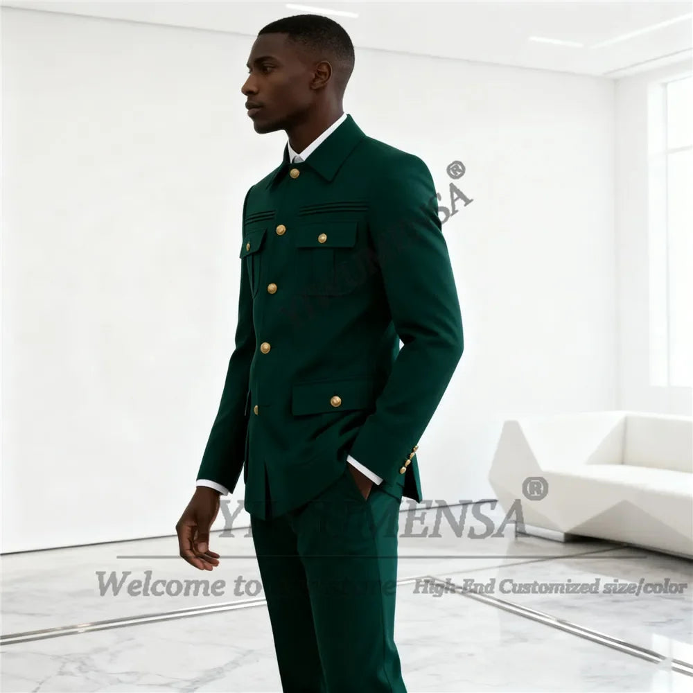 Fashion Navy Blue African Design Business Men Suits For Wedding 2 Piece Stand Collar Groom Tuxedo Male Jacket Pants Costume Sets