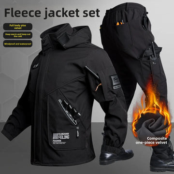 Thickened Fleece Winter Workwear Men's Jacket Pants Set Windproof Warm Waterproof Wear-resistant Construction Site Uniform