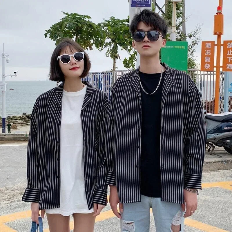 Clothing Man Striped Tops Black Long Sleeve Shirts and Blouses for Men with Collar Sleeves Button New in Regular Cool Original S