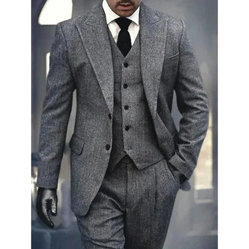 3 Pieces Men's Grey Herringbone Suits Formal Slim Fit Peak Lapel Tweed Prom Tuxedos for Wedding Groomsmen (Blazer+Vest+Pants)