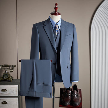 High-end men's wool suit set, fashionable and cool solid color banquet and wedding fine three-piece suit set