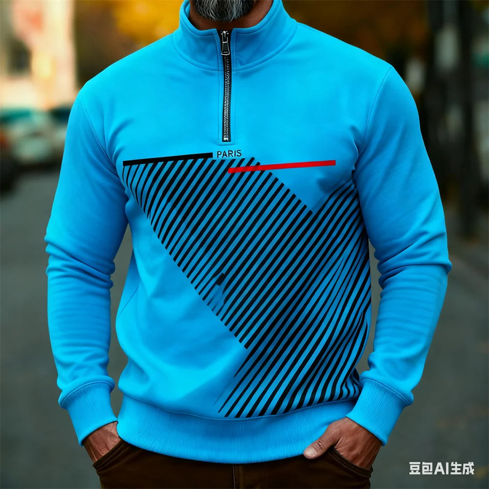 Autumn Winter Men's stand up collar pullover Paris pattern print hoodies for man leisure sports stripe zip-up hoodie Men clothin