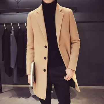 Men Long Cotton Coat 2025 Autumn Winter New Wool Blend Pure Color Casual Business Fashion Slim Windbreaker Jacket Men Clothing