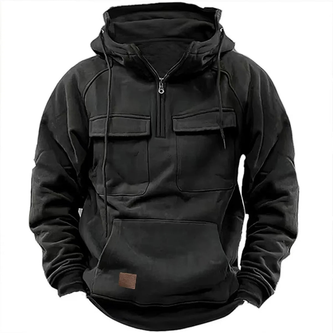 New autumn-winter men's hooded solid-color casual hoodie - fashionable young man's multi-pocket patch hoodie pullover shirt