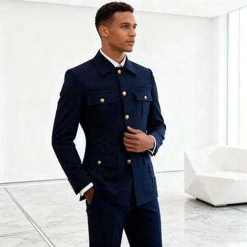 Fashion Navy Blue African Design Business Men Suits For Wedding 2 Piece Stand Collar Groom Tuxedo Male Jacket Pants Costume Sets